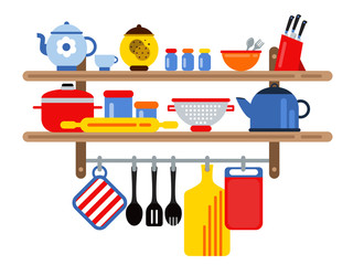 Canvas Print - Cooking and restaurant equipment on kitchen shelves. Vector illustration in flat style