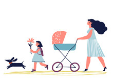 Mother With Baby In Stroller. Young Mother With Baby Carriage Walking With Dog And Child. Creative Vector Illustration.