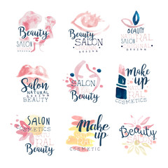 Sticker - Beauty salon logo design, set of colorful hand drawn watercolor Illustrations