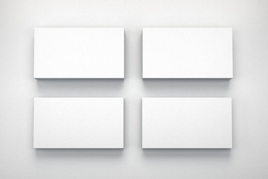 Mockup of four business cards on white textured paper studio. High resolution 3d render.