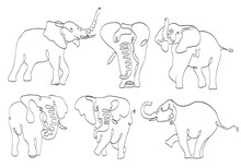 Set Of Elephants Line Art On White. Stylized Drawing By Hand Of Wild. Vector Illustration