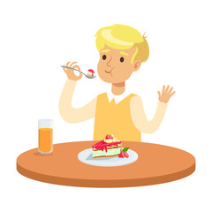 Sticker - Cute blonde boy sitting at the table and eating a cake, colorful character vector Illustration