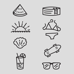 Summer linear icons set on white background, doodle style. Vector illustration.