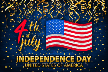 Wall Mural - Gold glitter Independence day USA greeting card, flyer. July fourth poster. Patriotic banner for website template. Usable for 4th of July background, logo. Vector illustration.