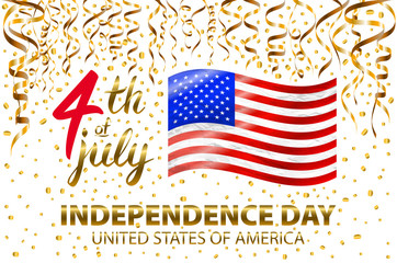 Wall Mural - Gold glitter Independence day USA greeting card, flyer. July fourth poster. Patriotic banner for website template. Usable for 4th of July background, logo. Vector illustration.