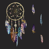Luxury ornate Dreamcatcher with feathers and gemstones isolated on a black background. Astrology, spirituality, magic symbol. Ethnic tribal element. Vector illustration