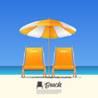 © tondruangwit - Two orange summer beach chair in front view and orange beach umbrella. Blue gradient sky background . Vector Illustration.