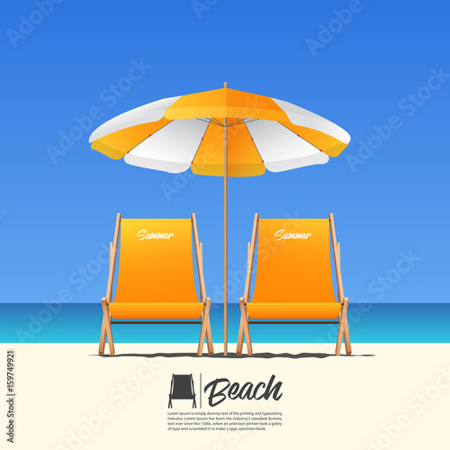 Two Orange Summer Beach Chair In Front View And Orange Beach Umbrella Blue Gradient Sky Background Vector Illustration Stock Vector Adobe Stock