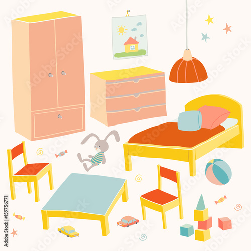Set Of Furniture For Children Room Kids Small Little Girl Bed Table With Chairs Wardrobe And Chest Hand Drawn Cartoon Ilration On White Background Baby Shower Design Elements Stock Vector Chest Hand Drawn Cartoon Ilration, Little Girl Furniture