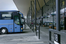 Bus Station Platform. Tourist Buses Arrival In Bus Terminal.