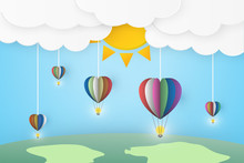 InfograOrigami Or Flod Heart Shape Balloon In Paper Art Style With Light Bulb. Cloud Earth And Sun Background Phic-4 Ladder
