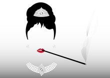 Portrait Retrò Woman, Diva With Cigarette Holder And Pearl Jewelry , Minimal Audrey Vector Illustration