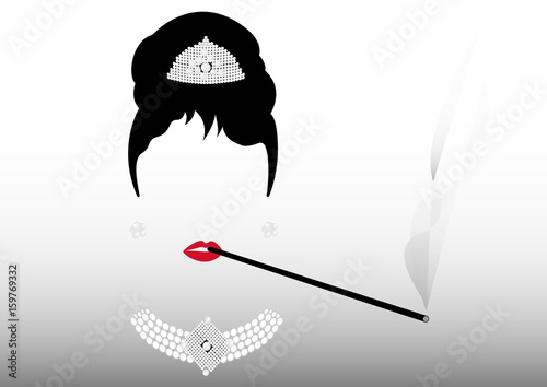 Fotografía portrait retrò woman, diva with cigarette holder and Pearl jewelry , minimal Aud