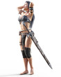 © vladnikon - Warrior amazon woman with sword. Long dark hair. Muscular athletic body. Girl standing candid provocative aggressive pose. Photorealistic 3D rendering isolate illustration. Hi key.