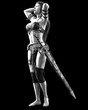 © vladnikon - Warrior amazon woman sword. Long dark hair. Muscular athletic body. Girl standing candid provocative aggressive pose. Photorealistic 3D rendering isolate illustration. Hi key. Black white.