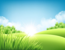 Summer Nature Sunrise Background, A Landscape With Green Hills And Meadows, Blue Sky And Clouds. Vector Illustration