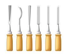 Instrument For Carving. The Chisels Set On Wood Texture. Flat Vector Illustration