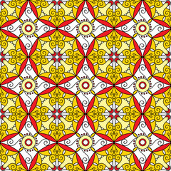 Wall Mural - Abstract Geometric Seamless Pattern with Floral Ornament in Red and Yellow Color.