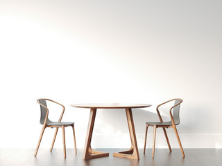 Two chairs and table in bright modern interior. 3d rendering