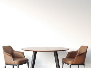 Two chairs and table in bright interior. 3d rendering