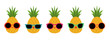 Group of five pineapples wearing different styles of sunglasses.