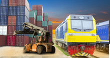 Train ,stacker And Container Box In Sunset Sky With Sun Ray Or Orange Lens Flare Background Import Export Transportation Concept