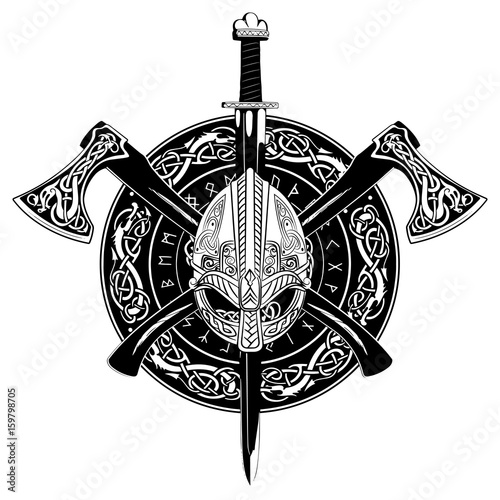 Fotografía Viking helmet, crossed viking axes and in a wreath of Scandinavian pattern and v