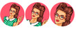 Vector illustration, womens pop art round avatar icon for users of social networking, blogs. Girl with retro hairstyle