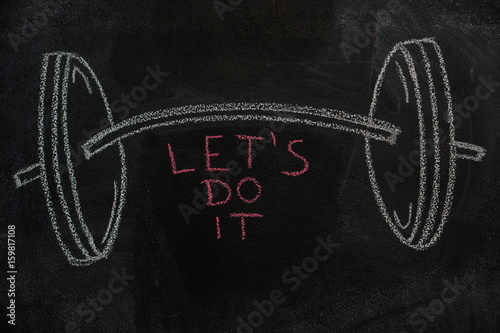 Juliste Barbell drawn and Let's do it text with white chalk on blackboard