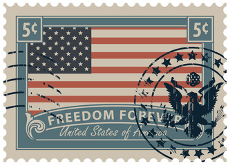 Canvas Print - Postage stamp with inscriptions and image of the American flag. Vector illustration of a 5-cent USA stamp with a scratched print.