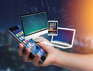 Poster - Computer and devices displayed on a futuristic interface with business network - Multimedia and technology concept