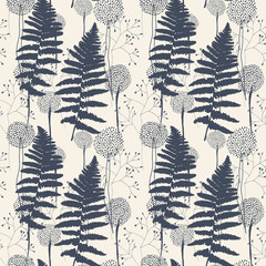 Aufkleber - Floral pattern with fern leaves, dandelions and grasses.