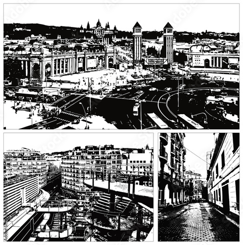 Vector Set Of Three Illustrations Grunge Stencil City Landscape Barcelona Spain Stock Vector Adobe Stock