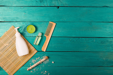 Skincare essentials on a wooden background