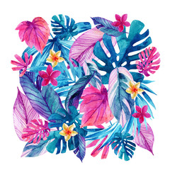 Sticker - Watercolor exotic leaves and flowers background.