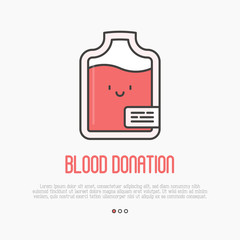 Wall Mural - Blood donation concept: thin line blood bag icon with happy face. Vector illustration.