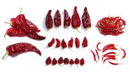 Wall Mural - Dried chile peppers: Hot wax, Anaheim,Habanero, Bhut Jolokia, De Arbol. Clipping paths, shadows separated, top view