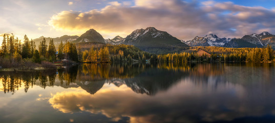 Wall Mural - sunset about glacial lake named strbske pleso in national park high tatras, slovakia