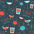 Mid Century USA patriotic Pattern. Retro vintage fifties styled vector pattern.Fifties styled seamless pattern that has cocktails, drinks and beverages on it and reads USA party.