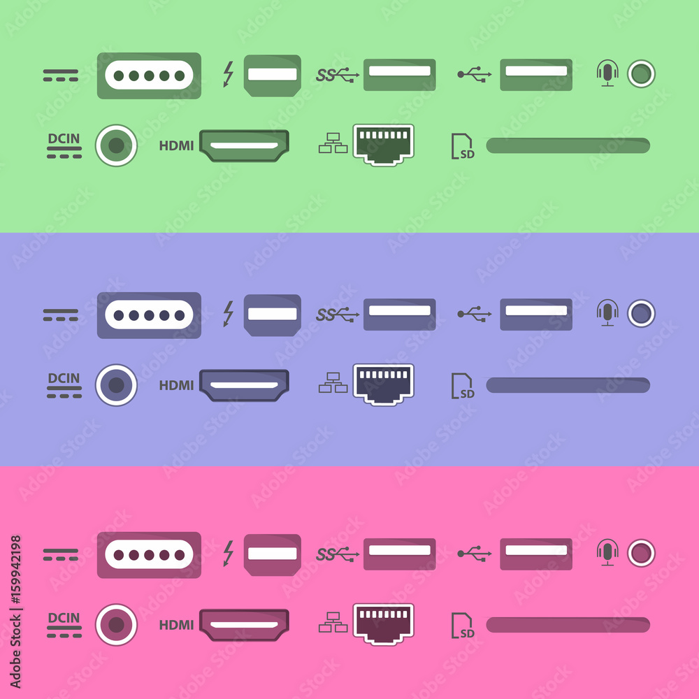 Computer Insertion Point Icon Laptop and PC connectors icons set. Power supply, USB, Ethernet, SD ...