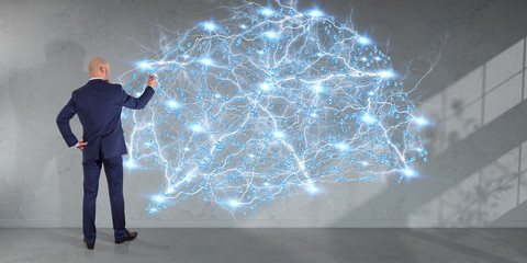 Poster - Businessman using digital brain interface on a wall 3D rendering