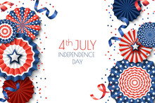 4th Of July, USA Independence Day Vector Banner Template.. White Background With Paper Stars In USA Flag Colors. Material Design For Greeting Card, Flyer Layout, Poster.