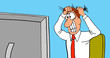 Business cartoon illustration of a business man pulling his hair out as he looks at his computer screen.