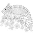Coloring book page of chameleon lizard and stylized tropical flowers. Freehand sketch drawing for adult antistress colouring with doodle and zentangle elements.