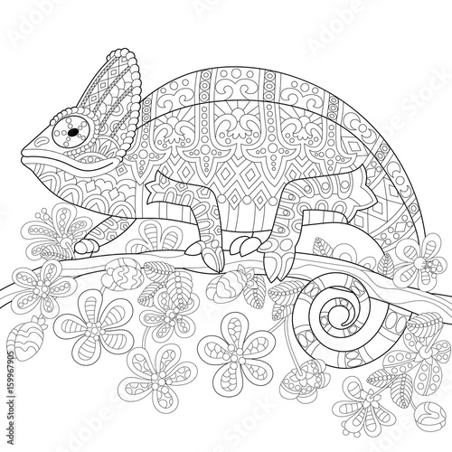 Coloring Book Page Of Chameleon Lizard And Stylized Tropical Flowers Freehand Sketch Drawing For Adult