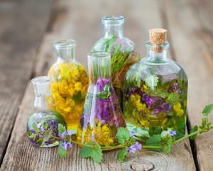 Wall Mural - Bottles of tincture or infusion of healthy herbs on table. Herbal medicine.