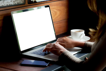 Poster - woman using laptop computer on desk in morning