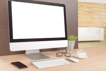 Poster - desktop computer on work table showing white screen perspective angle view