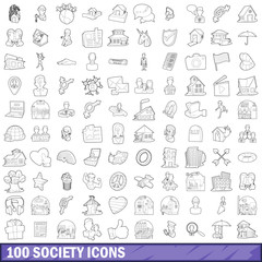 Poster - 100 society icons set, outline style