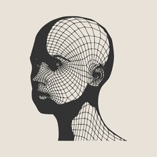 Head Of The Person From A 3d Grid. Human Head Wire Model. 3D Geometric Face Design. Polygonal Covering Skin.